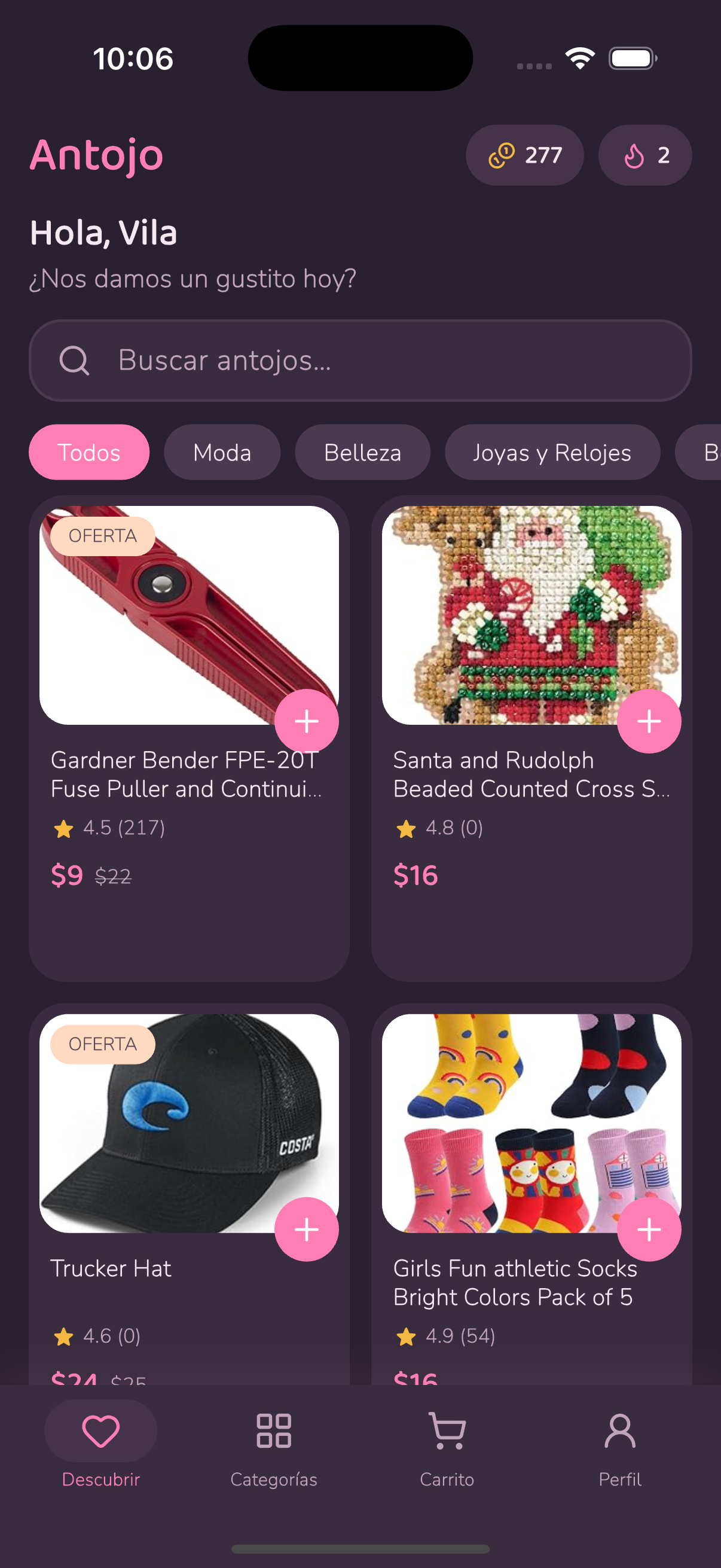 Pantalla de Antojo mostrando el feed de productos con monedas y racha