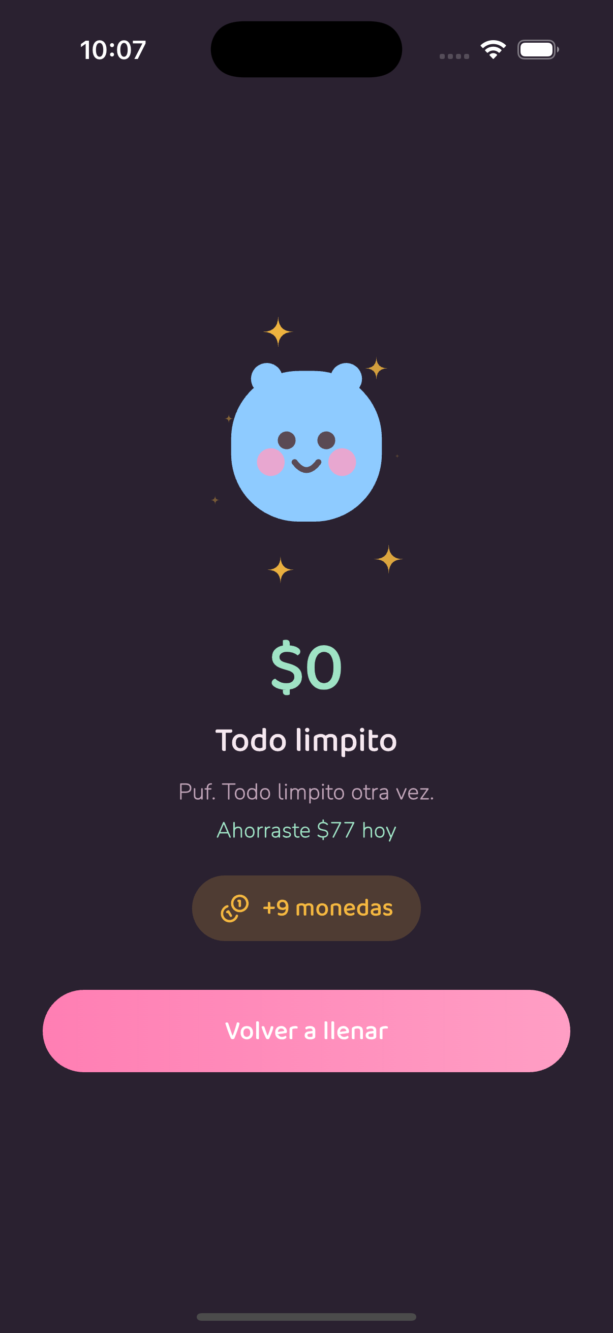 Pantalla de recompensa: todo limpito, monedas ganadas